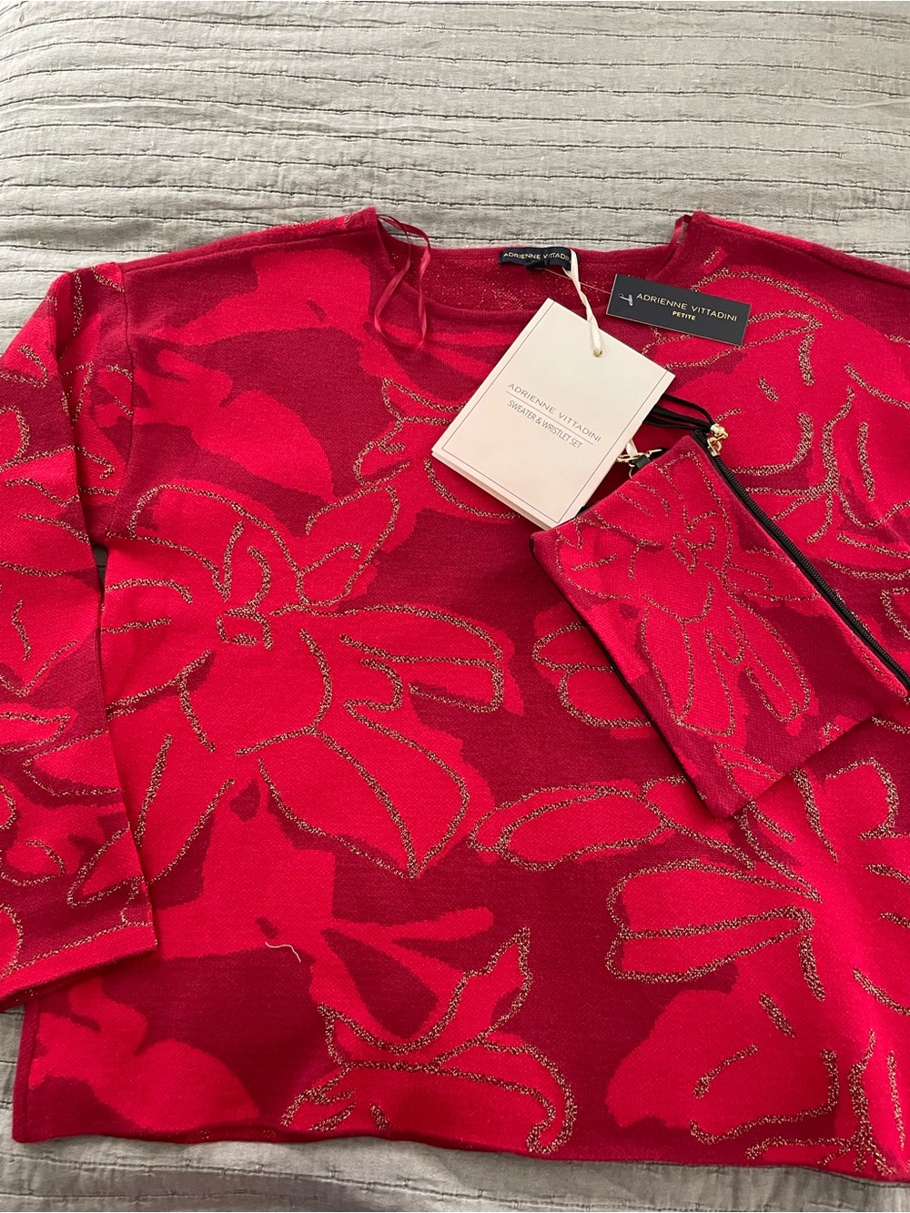 Adrienne Vittadini Red Knit Top with Gold Metallic Accents